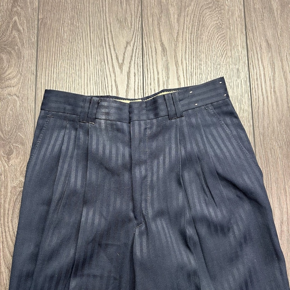 Vintage 1970s Mens Navy Blue Striped Herringbone Pleated Trousers 29x26 - Picture 2 of 8